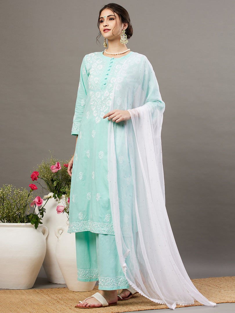 Sea green cotton chikankari kurta with back ties and palazzo set of 2 - Rakhi Apparels