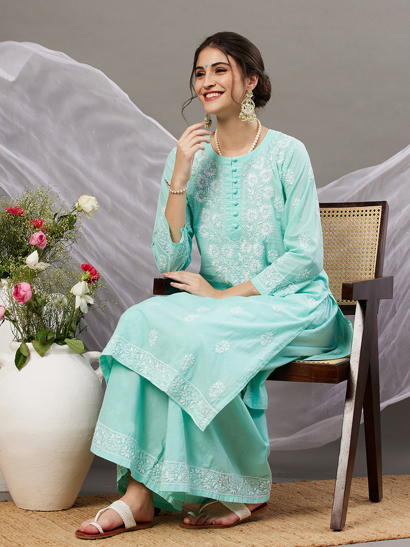 Sea green cotton chikankari kurta with back ties and palazzo set of 2 - Rakhi Apparels
