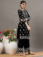 Load image into Gallery viewer, Black cotton chikankari kurta and palazzo set of 2
