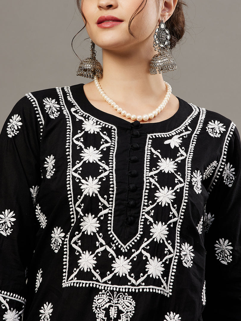 Black cotton chikankari kurta and palazzo set of 2 - Rakhi Apparels