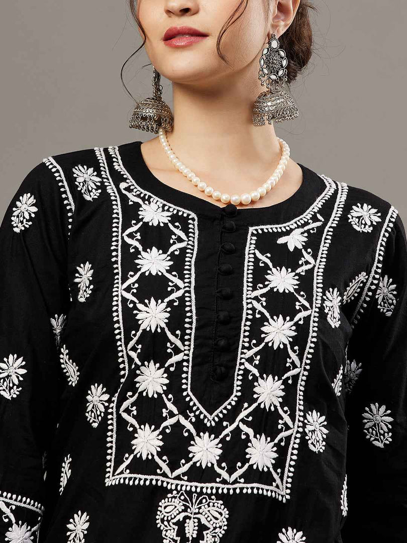 Black cotton chikankari kurta and palazzo set of 2