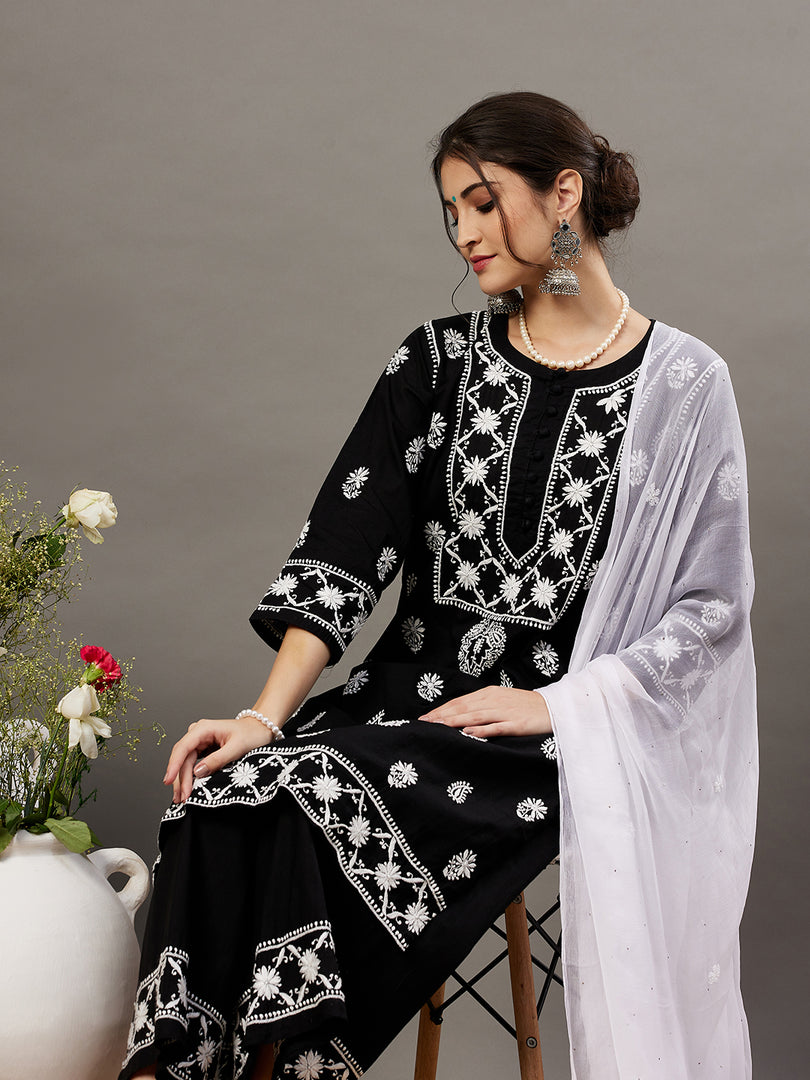 Black cotton chikankari kurta and palazzo set of 2 - Rakhi Apparels