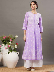 Mauve cotton anarkali with chikankari