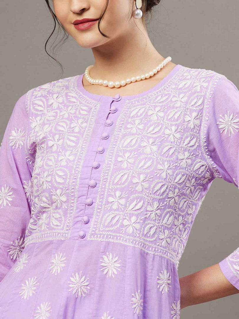 Mauve cotton anarkali with chikankari
