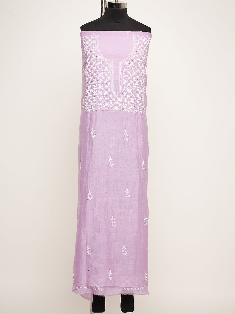 Mauve mul chanderi unstitched kurta with dupatta with chikankari - Rakhi Apparels