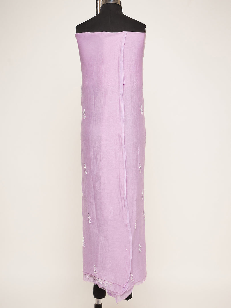 Mauve mul chanderi unstitched kurta with dupatta with chikankari - Rakhi Apparels