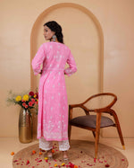 Load image into Gallery viewer, Pink Cotton Round Neck Anarkali with Chikankari Embroidery