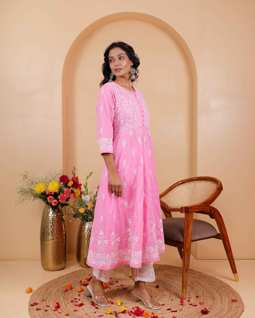 Pink Cotton Round Neck Anarkali with Chikankari Embroidery