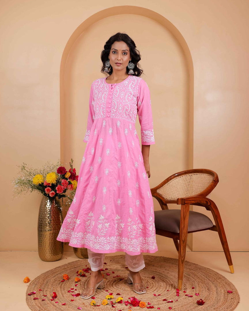 Pink Cotton Round Neck Anarkali with Chikankari Embroidery