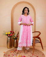 Load image into Gallery viewer, Pink Cotton Round Neck Anarkali with Chikankari Embroidery