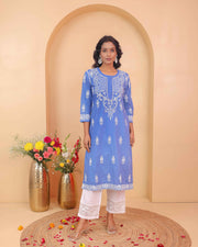Bluish Grey Cotton Chikankari Kurta for Women | Round Neck