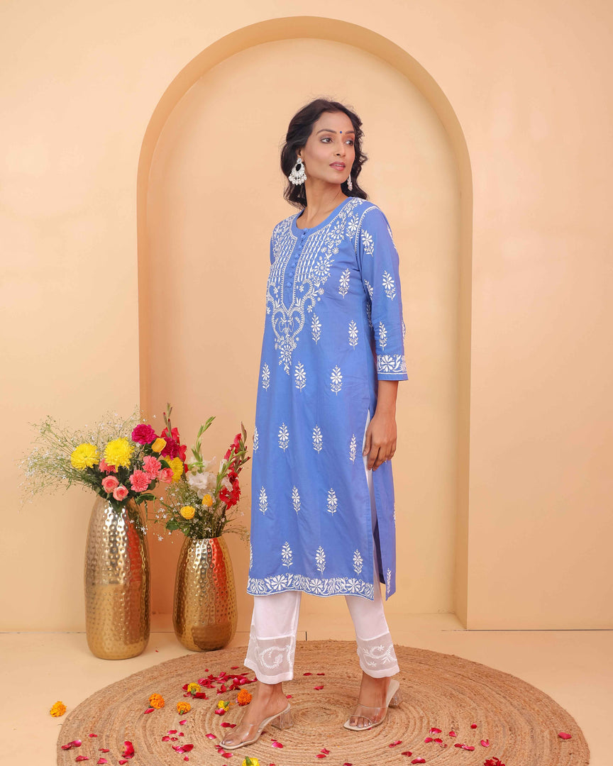 Bluish Grey Cotton Chikankari Kurta for Women | Round Neck