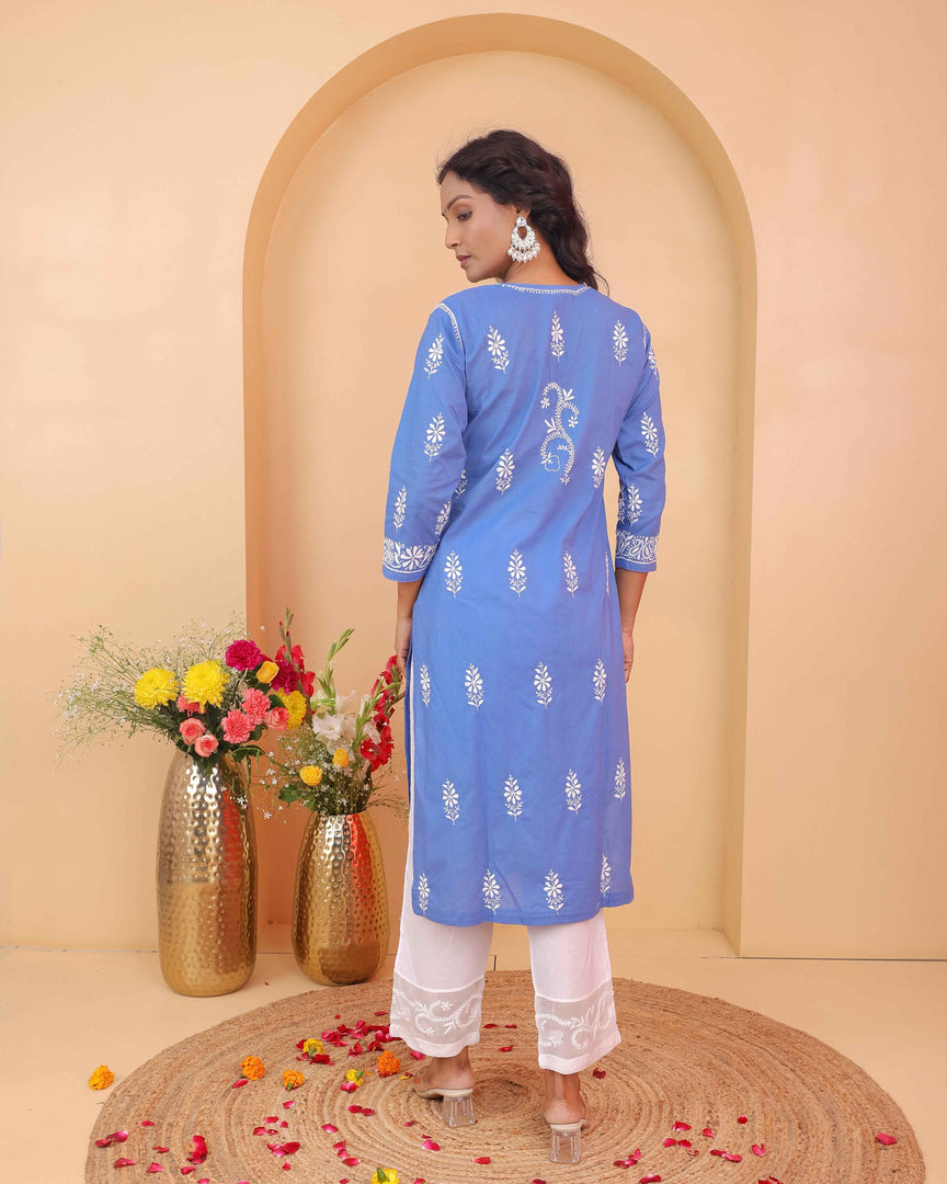 Bluish Grey Cotton Chikankari Kurta for Women | Round Neck