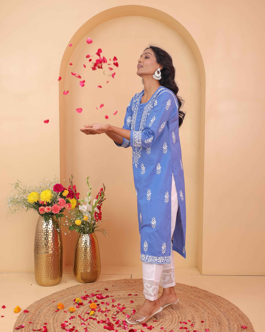 Bluish Grey Cotton Chikankari Kurta for Women | Round Neck