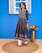 Load image into Gallery viewer, Black Cotton Chikankari Anarkali Kurta for Women | Round Neck