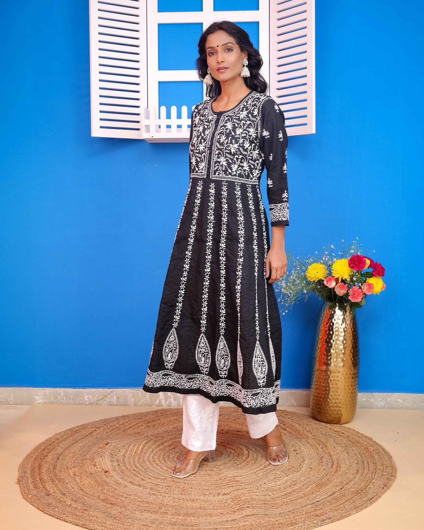 Black Cotton Chikankari Anarkali Kurta for Women | Round Neck