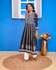 Black Cotton Chikankari Anarkali Kurta for Women | Round Neck