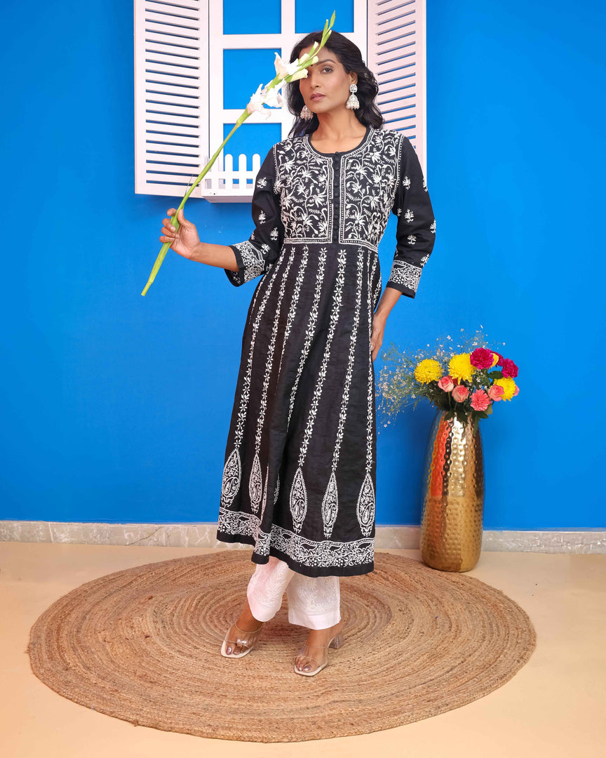 Black Cotton Chikankari Anarkali Kurta for Women | Round Neck