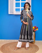 Load image into Gallery viewer, Black Cotton Chikankari Anarkali Kurta for Women | Round Neck