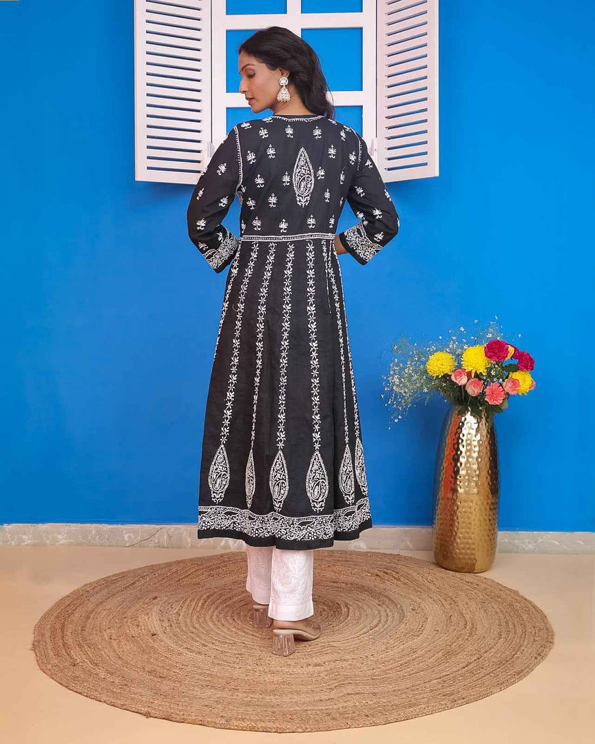 Black Cotton Chikankari Anarkali Kurta for Women | Round Neck