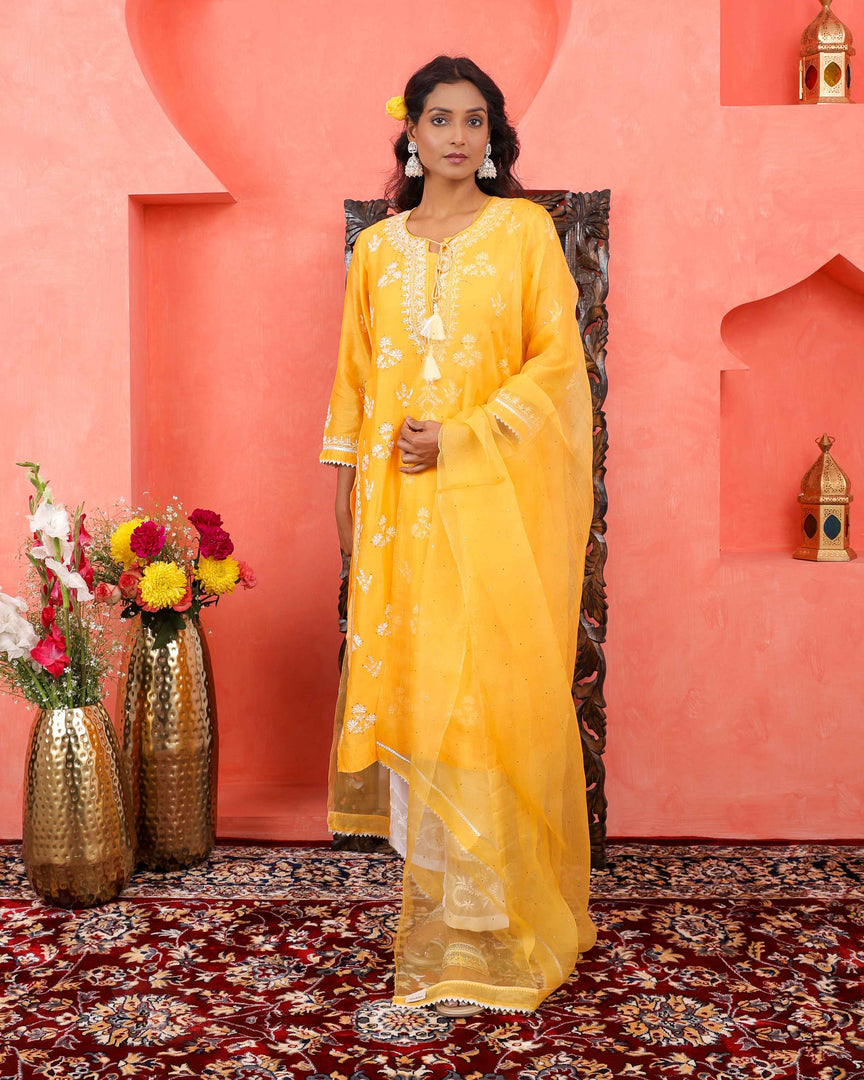 Mustard yellow chikankari/mukaish chanderi kurta +slip+dupatta