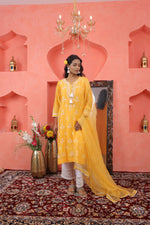 Load image into Gallery viewer, Mustard yellow chikankari/mukaish chanderi kurta +slip+dupatta