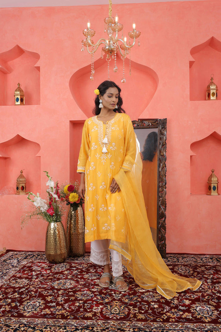 Mustard yellow chikankari/mukaish chanderi kurta +slip+dupatta
