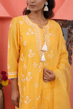 Load image into Gallery viewer, Mustard yellow chikankari/mukaish chanderi kurta +slip+dupatta