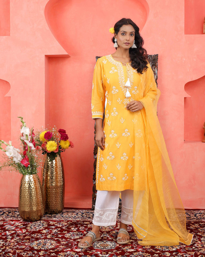 Mustard yellow chikankari/mukaish chanderi kurta +slip+dupatta