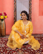 Load image into Gallery viewer, Mustard yellow chikankari/mukaish chanderi kurta +slip+dupatta