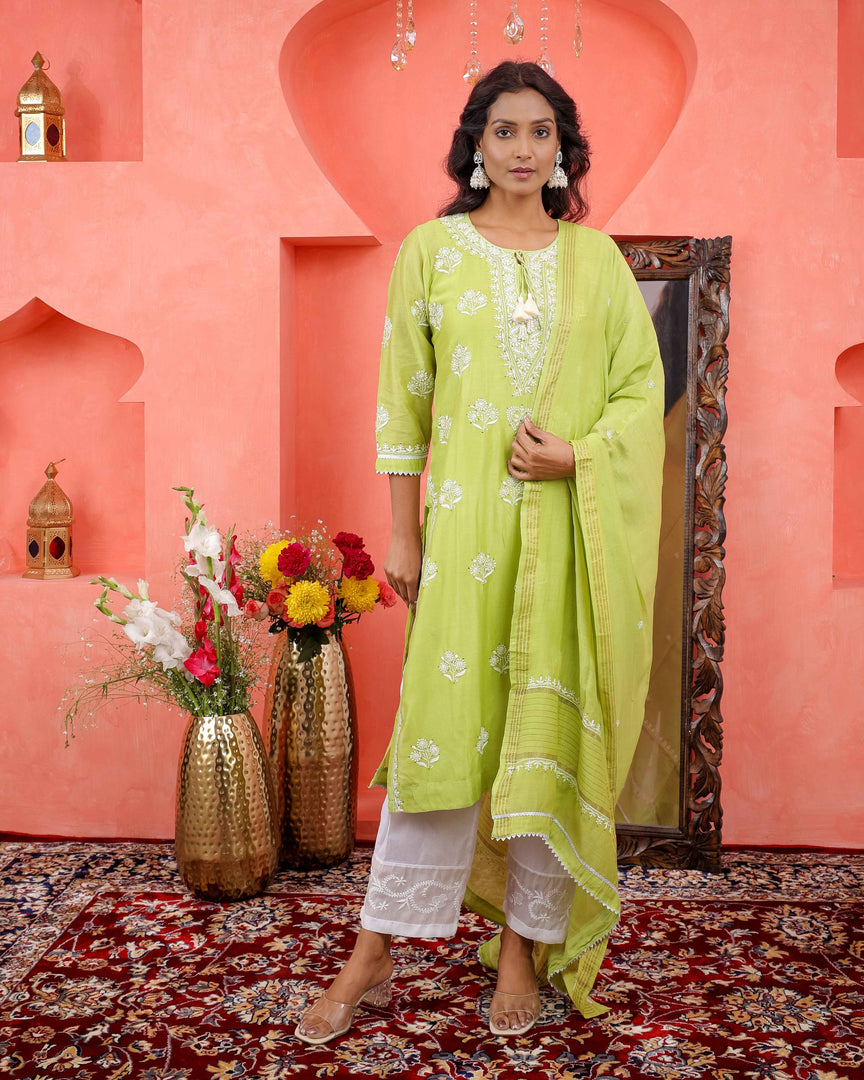 Green chikankari mukaish work chanderi kurta slip dupat