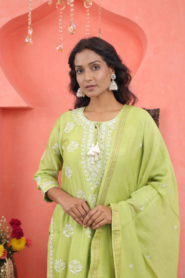 Green chikankari mukaish work chanderi kurta slip dupat