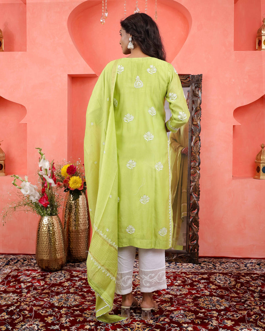 Green chikankari mukaish work chanderi kurta slip dupat