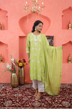 Load image into Gallery viewer, Green chikankari mukaish work chanderi kurta slip dupat