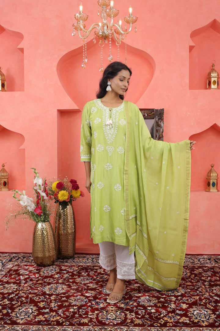 Green chikankari mukaish work chanderi kurta slip dupat