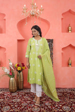 Load image into Gallery viewer, Green chikankari mukaish work chanderi kurta slip dupat