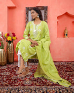 Load image into Gallery viewer, Green chikankari mukaish work chanderi kurta slip dupat