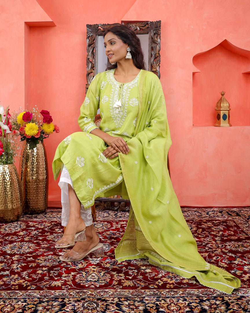 Green chikankari mukaish work chanderi kurta slip dupat