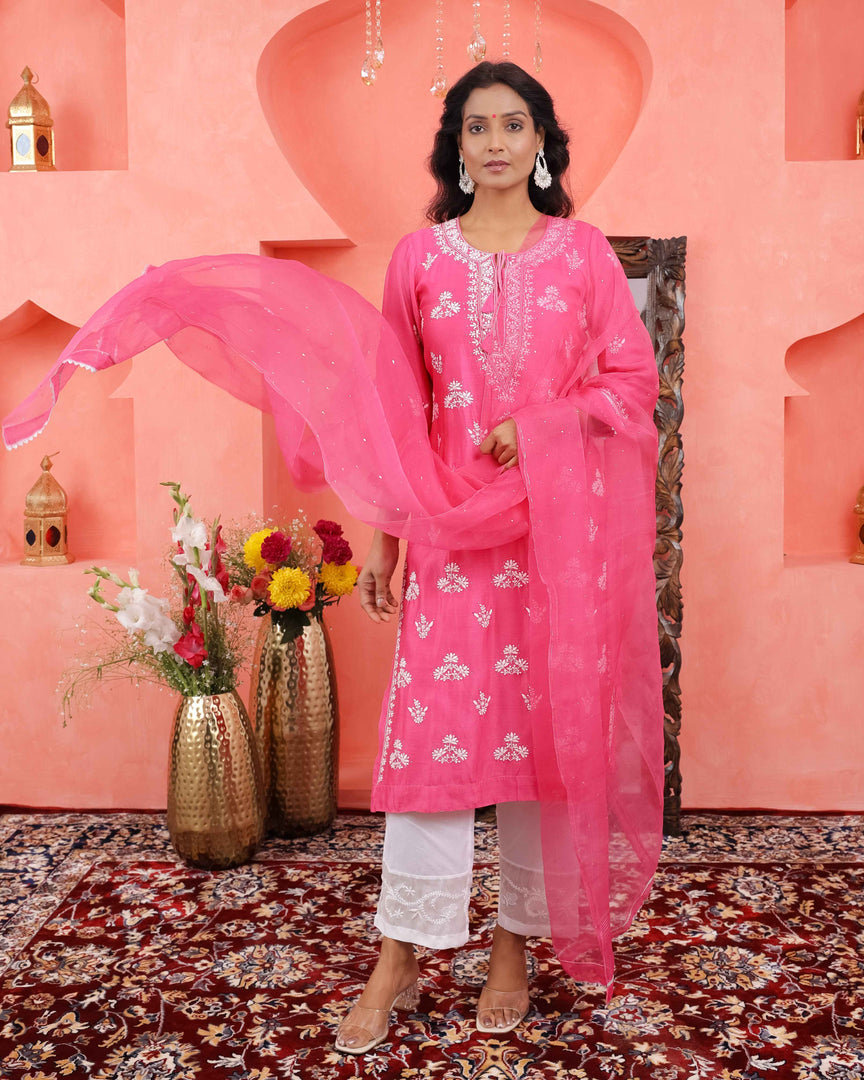 Pink chikankari /mukaish work chanderi kurta+slip+dupatta