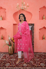 Load image into Gallery viewer, Pink chikankari /mukaish work chanderi kurta+slip+dupatta