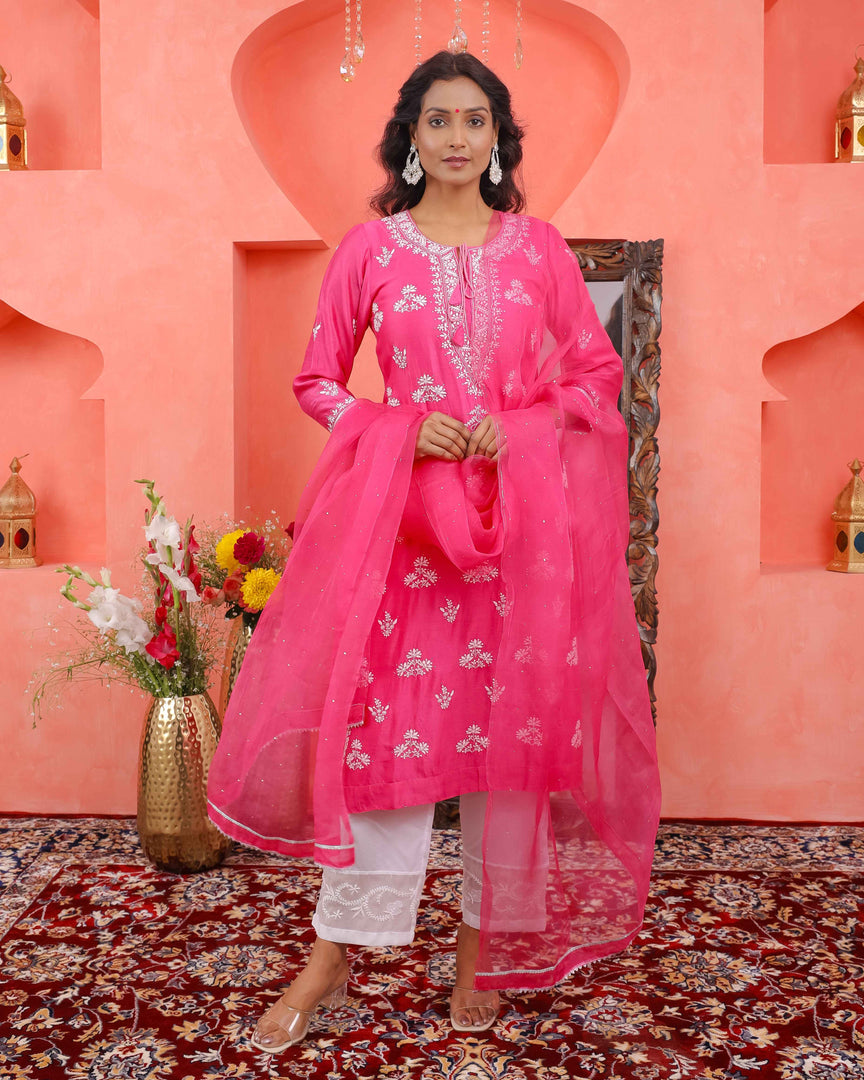 Pink chikankari /mukaish work chanderi kurta+slip+dupatta