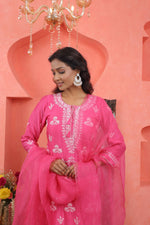Load image into Gallery viewer, Pink chikankari /mukaish work chanderi kurta+slip+dupatta