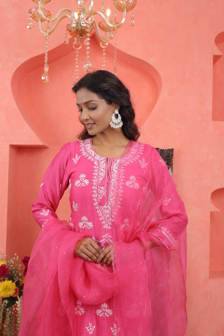 Pink chikankari /mukaish work chanderi kurta+slip+dupatta