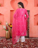 Load image into Gallery viewer, Pink chikankari /mukaish work chanderi kurta+slip+dupatta