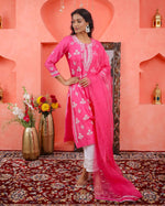 Load image into Gallery viewer, Pink chikankari /mukaish work chanderi kurta+slip+dupatta