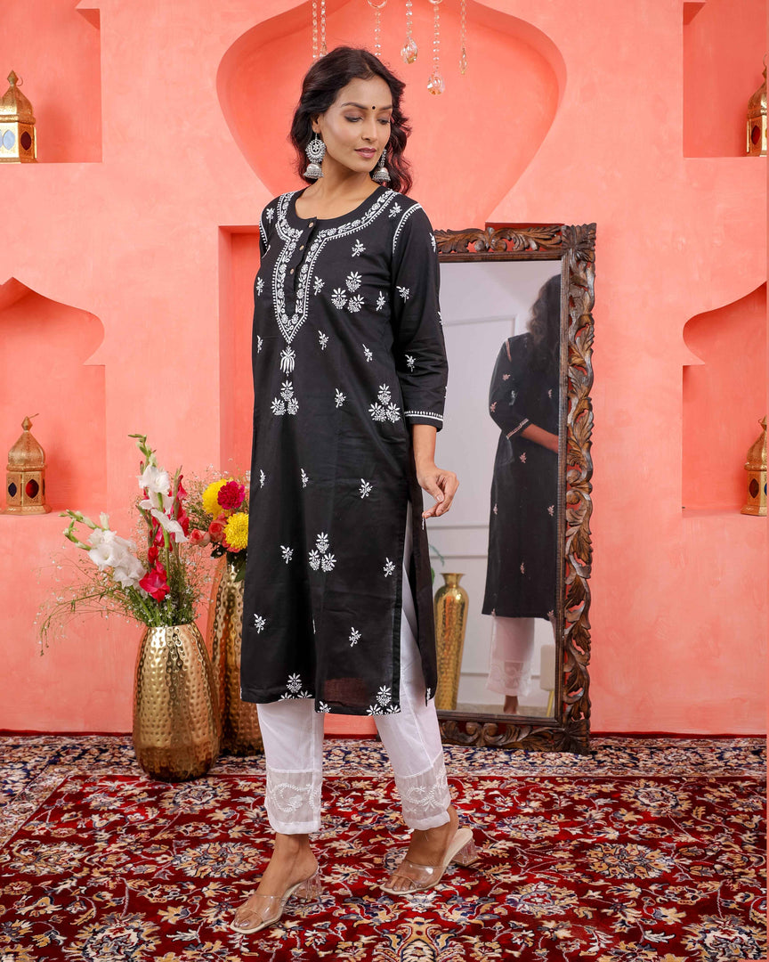 Black Cotton Chikankari Kurta for Women | Round Neck with Side Pockets