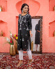 Black Cotton Chikankari Kurta for Women | Round Neck with Side Pockets
