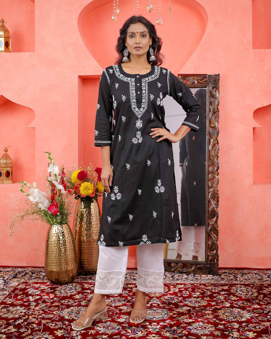 Black Cotton Chikankari Kurta for Women | Round Neck with Side Pockets