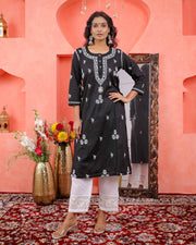 Black Cotton Chikankari Kurta for Women | Round Neck with Side Pockets