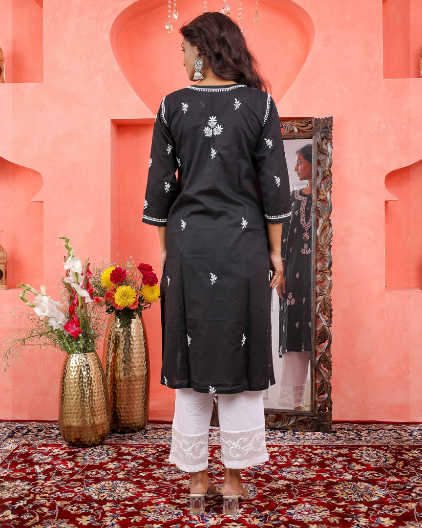 Black Cotton Chikankari Kurta for Women | Round Neck with Side Pockets